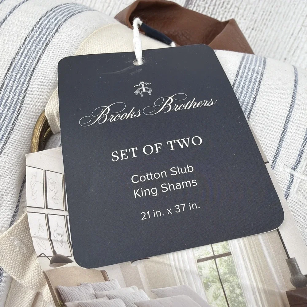 Brooks Brothers Pillow Shams KING White Blue Stripe 100% Cotton Slub Quilted
